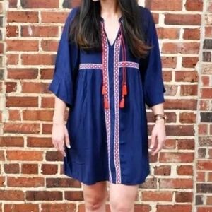 Old Navy Mini Dress Woman XL Fairy Whimsical Embroidered Tassel Tie Navy Blue
